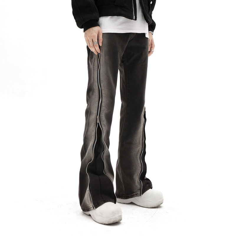 American retro distressed design sense zipper straight trousers men's ins tide casual split high street jeans wholesale
