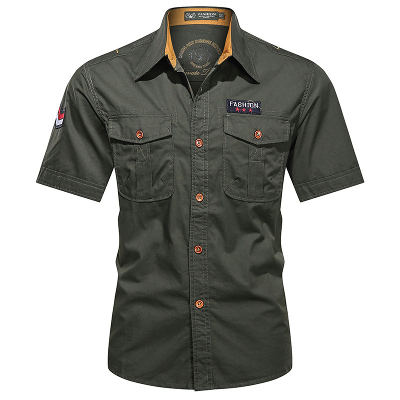 Tooling Style Cotton Short-sleeved Sports Casual Shirt 2023 New Summer Young and Middle-aged Solid Color Hong Kong Style Top Trendy