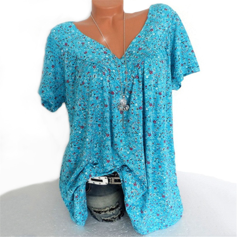New Cross-border European and American Women's 2022 Summer Wish Amazon ebayV Collar Loose Short-sleeved Printed T-shirt