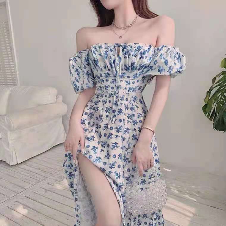 Blue Floral Dress Women's 2023 Summer New Long Split Long Dress Elegant Design Tea Break French Dress