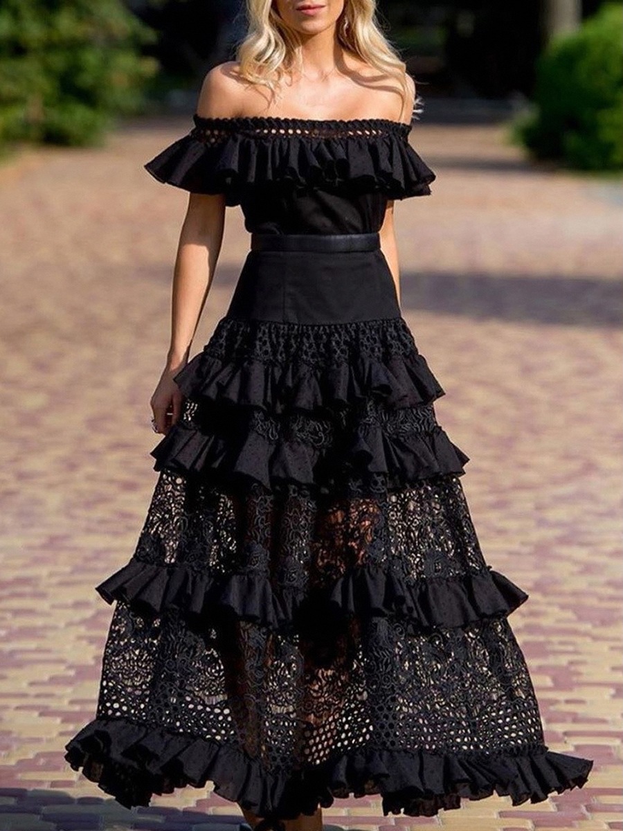 2020 Summer new European and American Foreign Trade women's clothing wish off-shoulder ruffled hollow large swing lace dress New