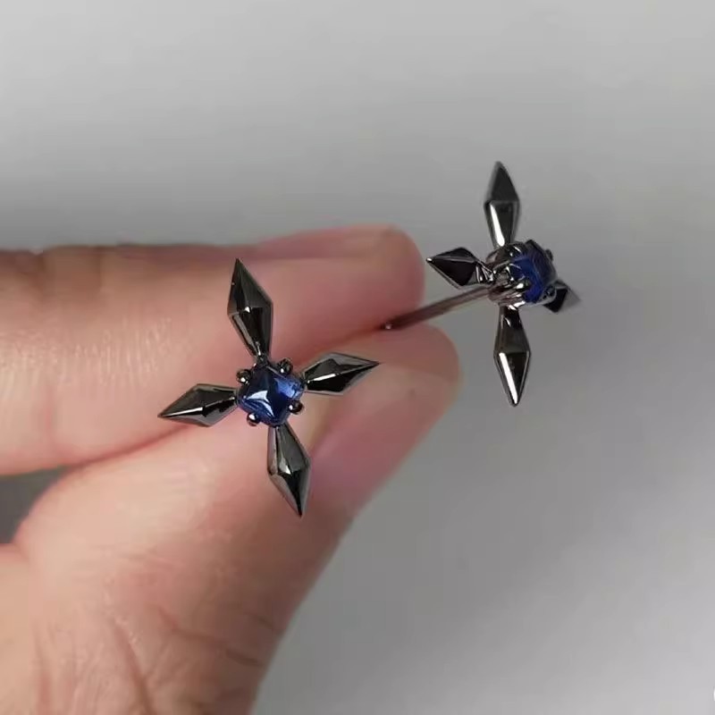 Mercury stud earrings inlaid with blue zircon High sense 2023 men's trendy personality niche earrings for women