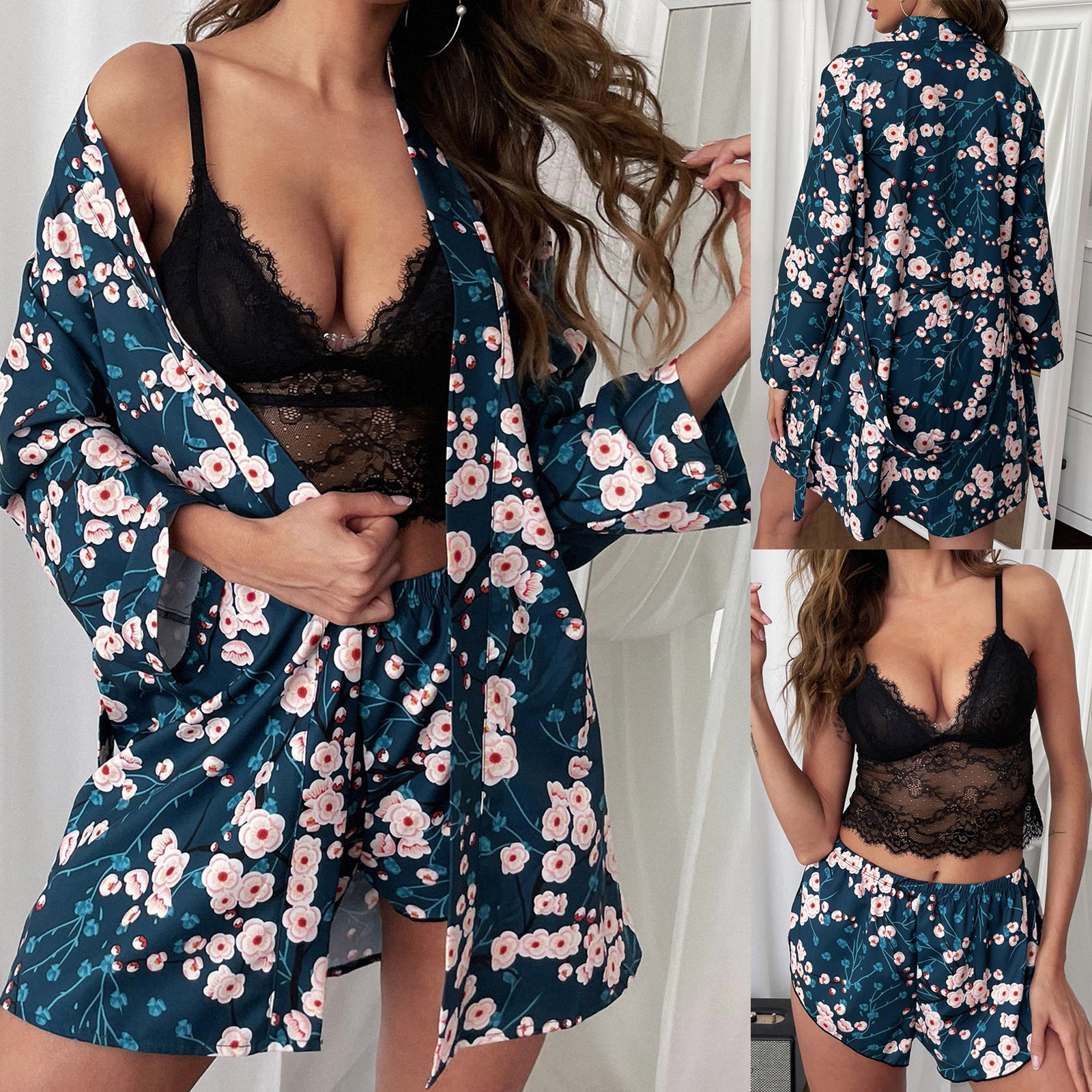 Amazon Europe and America Cross-border Pajamas Three-piece Set Women's Summer Silk-like Nightgown Bathrobe Foreign Trade Home Clothes suit