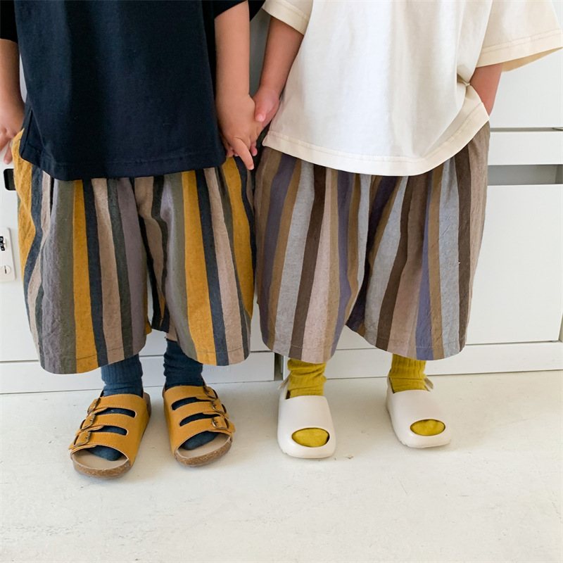 Jiaye Children's 2024 Boys Summer New Cotton and Linen Vertical Stripe Straight Pants Women's Loose Wide-leg Cropped Pants