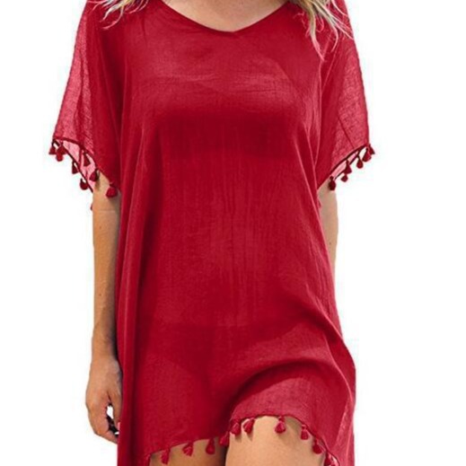 Amazon European and American Cross-border Summer Women's Foreign Trade Round Neck Chiffon Tassel Dress Large Size Loose Beach Blouse