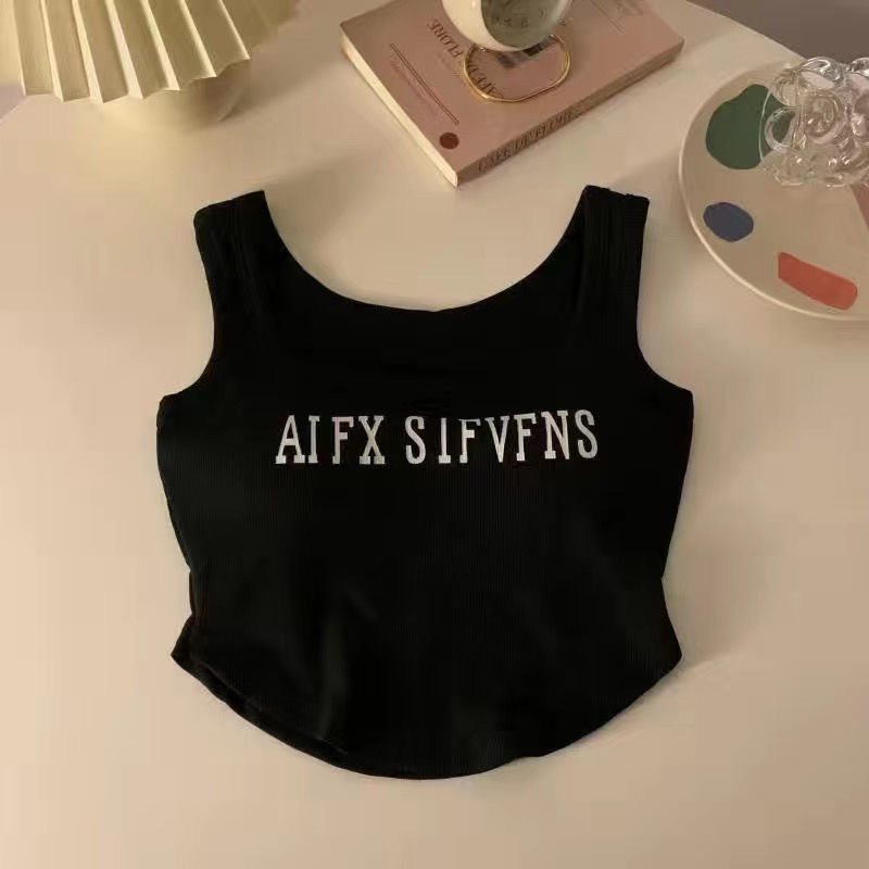 New Vest with Chest Pad Women's Sling Pure Sexy Short Letter Printed Outer Wear Inner Base Sleeveless Top
