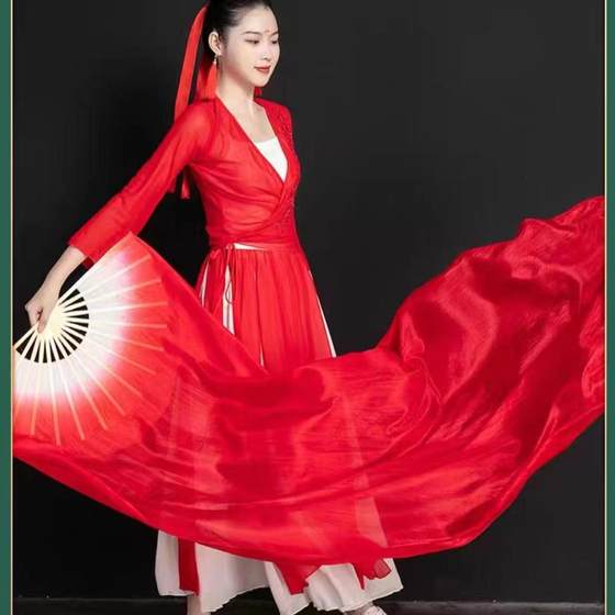 Silk classical dance long silk fan Chinese style red gradient long fan dance performance fan lengthened rose red dancing fan