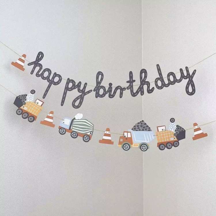 Ins Style Simple Car Alphabet Engineering Vehicle Children's Birthday Party One Year Old Hundred Days Decorative Background Banner for Baby
