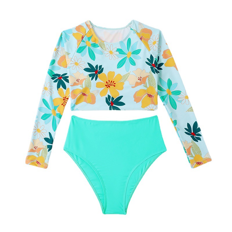 Long Sleeve Swimwear Women's European and American Sexy Explosions Amazon Split Sun-proof Printed Bikini Surf Swimsuit