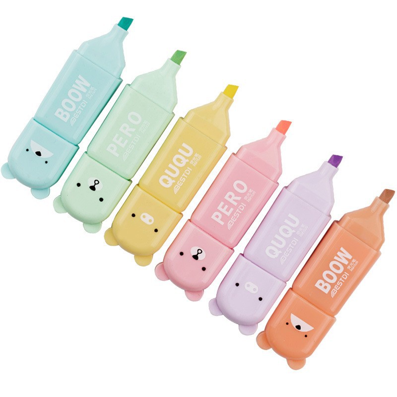 Mini Cartoon Highlighter Pen Set Macaron 6 Color Light Color Highlighter Learning Office Eye Protection Marking Pen