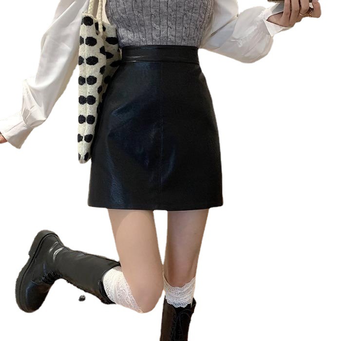 2022 autumn and winter New High waist anti-slip skirt small slim PU leather skirt black A- line hip skirt