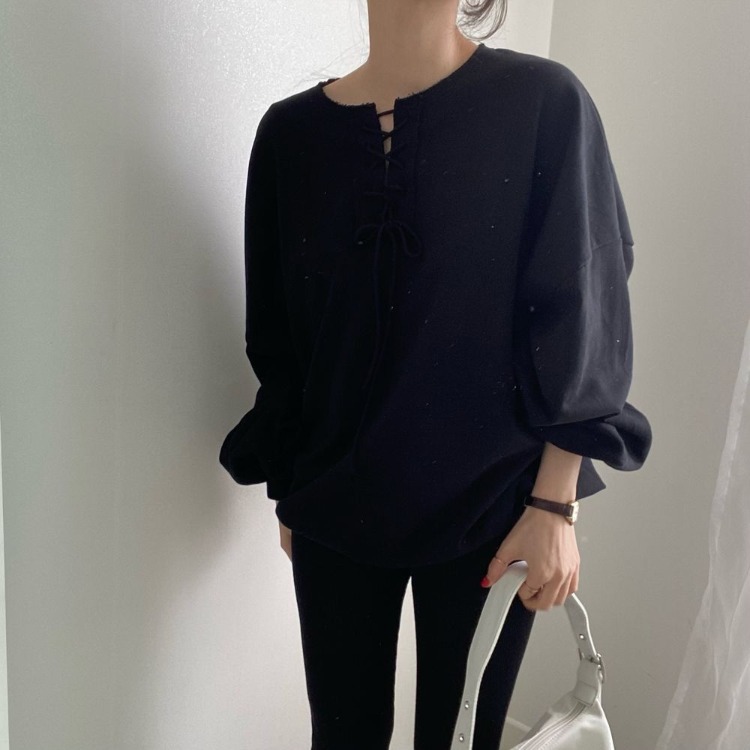 South Korea chic autumn and winter New retro lace-up pullover lantern sleeve sweater loose age-reducing top women's all-match niche