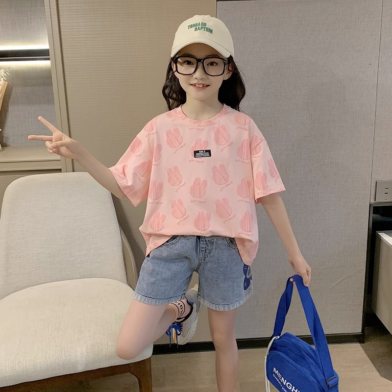 Girls' Short-sleeved T-shirt Summer 2024 New Korean Style Children's Big Children's Thin Fashionable Western Style Top Children's Fashion Brand