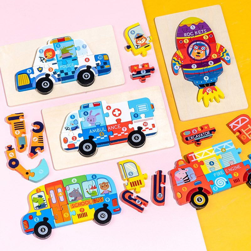 Wooden three-dimensional buckle traffic jigsaw puzzle children's educational early education Enlightenment vehicle cognitive jigsaw wooden toys