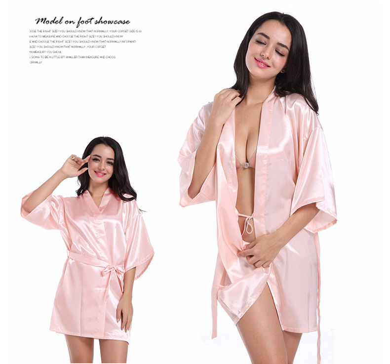 Cross-border Women's Twisted Sade Nightgown Bathrobe Solid Color Glossy Summer Thin Sexy Short Cardigan Gown_voghion.com