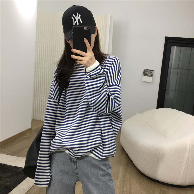 Striped Sweatshirt Women's Spring and Autumn Thin Korean-style Loose Cotton chic Top oversize Lazy Casual Coat