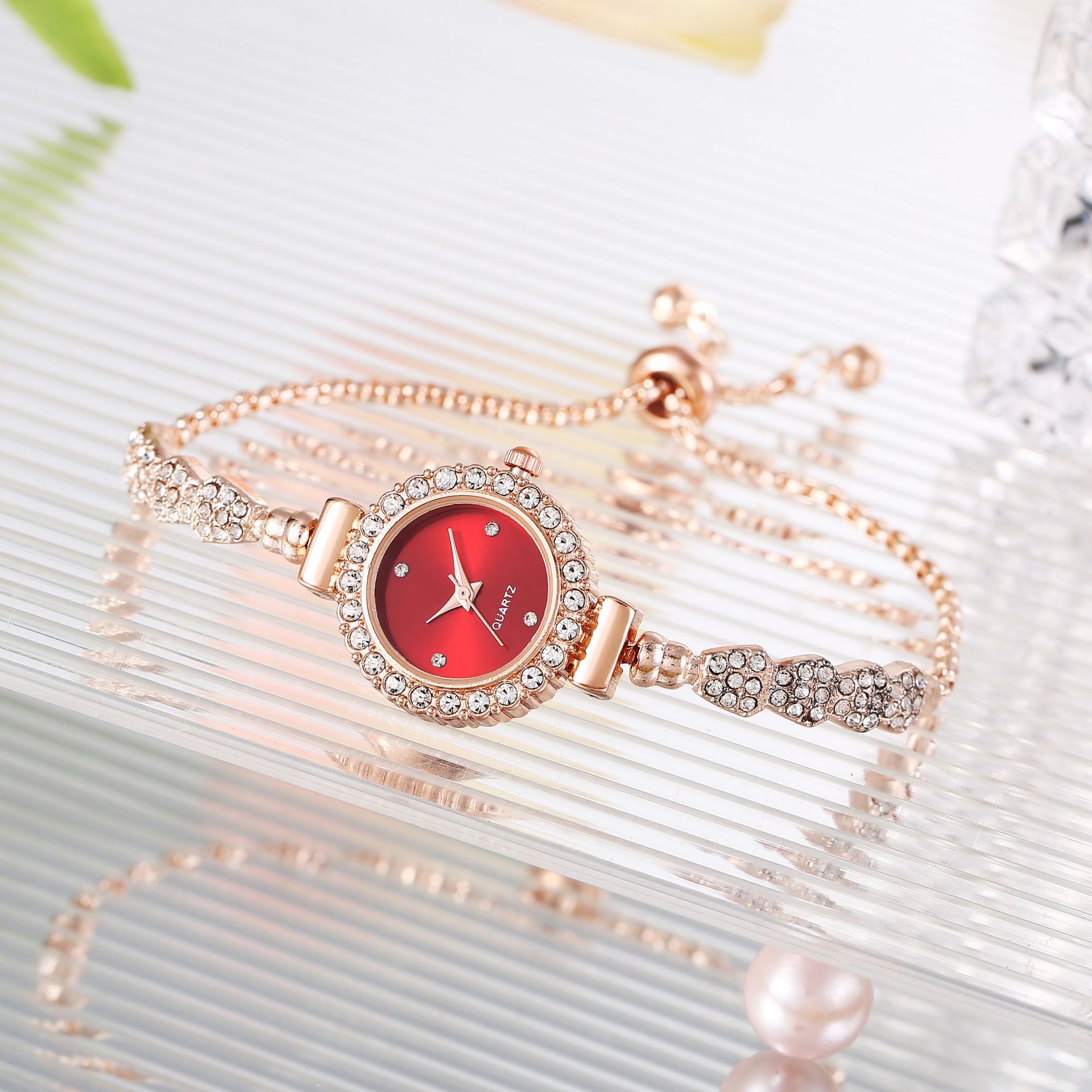 Fashionable Ladies' Watch with Diamonds in Round Design. A Women's Quartz Watch with a Freely Adjustable Bracelet