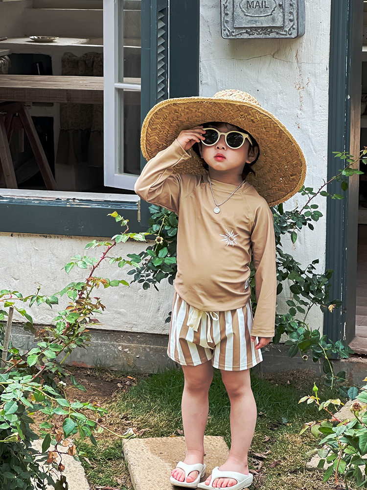Boys' Swimsuit Summer 2023 New Fashionable Korean-style Long-sleeved Sunscreen Split Swimsuit Baby Beach Three-piece Set