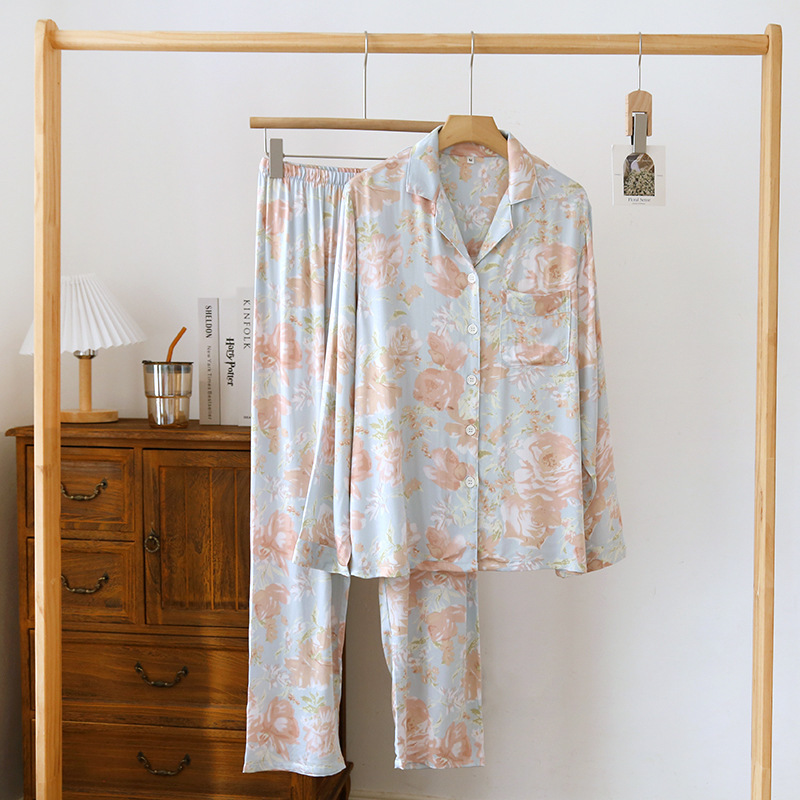 New Women's Spring and Summer High-end Satin Pajamas Cotton Silk Pajamas Pastoral Long Sleeve Trousers Home Wear Set Thin