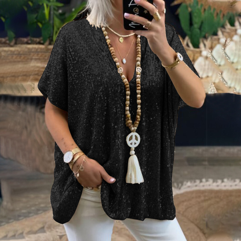 2025 New European and American Amazon Short-sleeved Urban Casual Color Loose Pullover Sequin V-neck T-shirt Top Women's Clothing