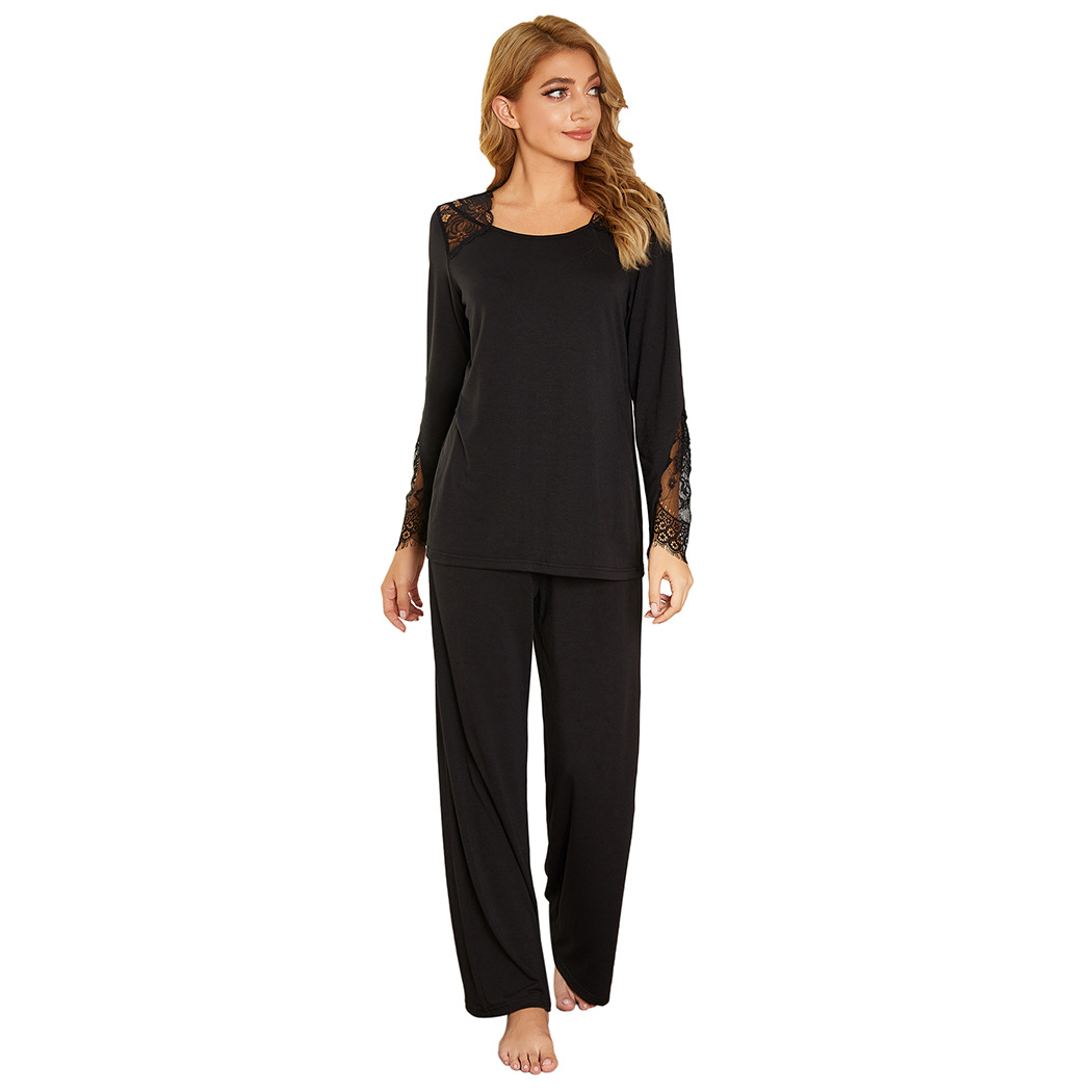 Autumn and Winter Cross-border European and American Women's Home Suit Long-sleeved Trousers Pajamas Imitation Cotton Lace Stitching Home Suit