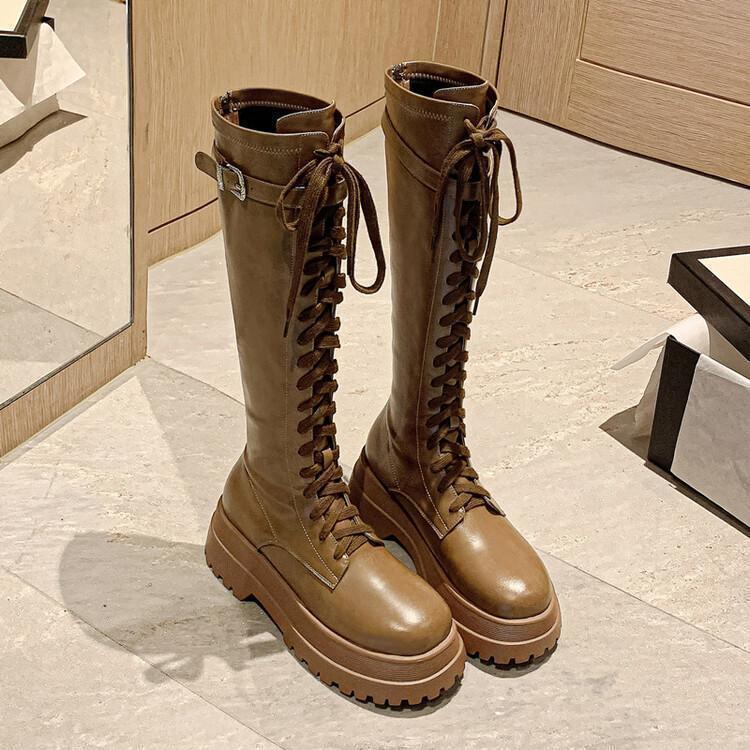 Reuzenbeen Lange knappe voorkant vetersluiting effen kleur ridderlaarzen dames nieuwe dikke zool maar knie afslankende lange laarzen hoge laarzen trendy_voghion.com