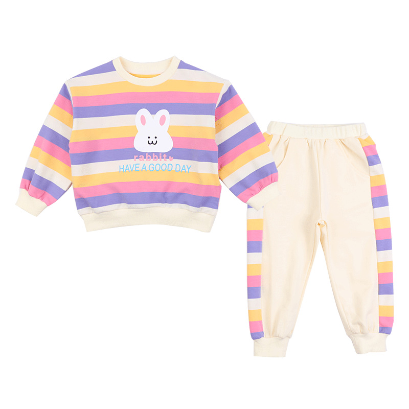 Women's Children's Fashion Suit Western Style 2023 New Children's Spring and Autumn Long Sleeve Sweatshirt Striped Rabbit Two-piece Suit