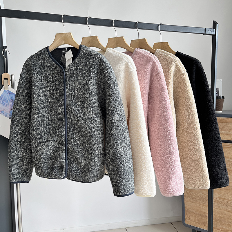 Faux lambswool fleece round neck cardigan long sleeve coat 2023 autumn and winter New windproof fleece jacket 461660