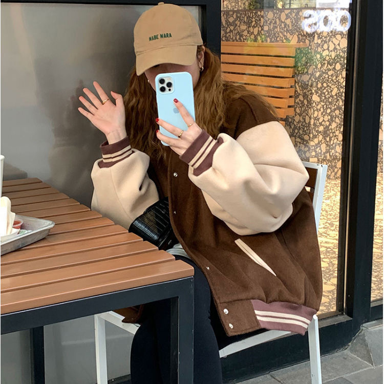 American baseball uniform sweater coat women's 2024 autumn and winter new fleece-lined thickened stitching loose street couple jacket