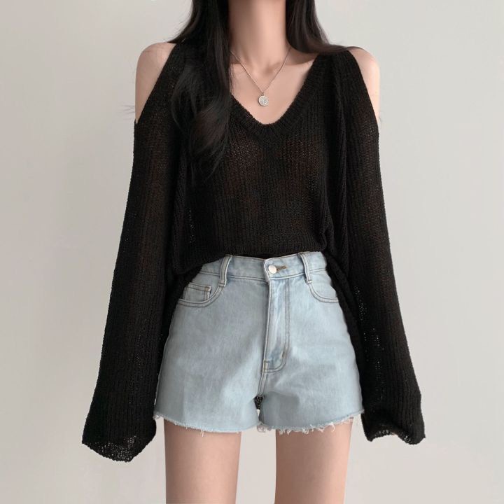 South Korea chic elegant V-neck off-shoulder loose lazy versatile casual sun protection solid color long sleeve sweater women's top_voghion.com