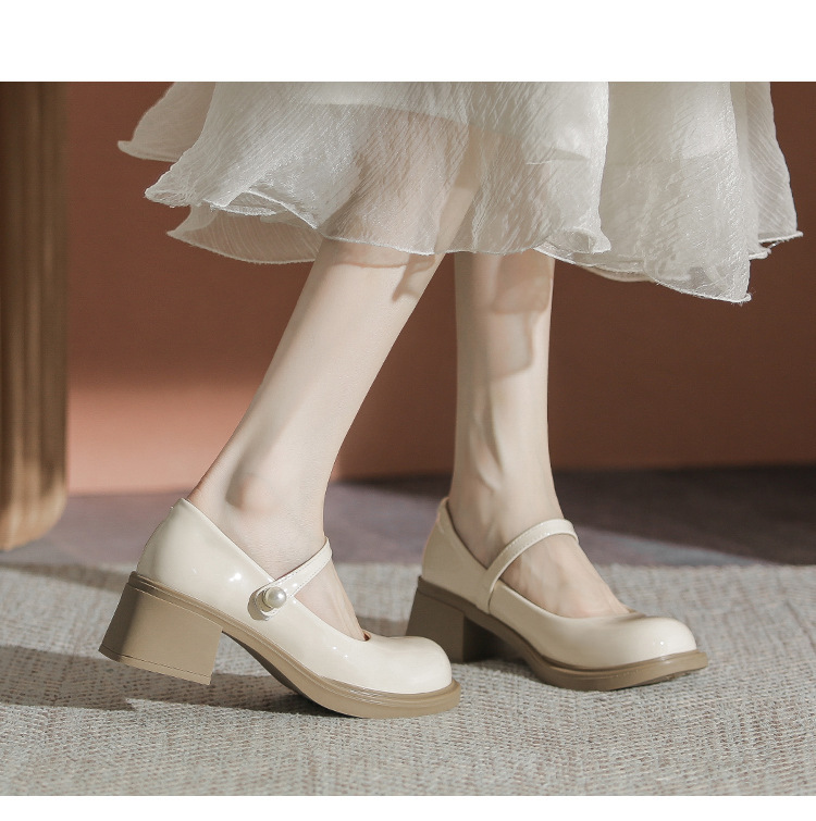 2023 New High Heels Women's French Style Chunky Heel Late Evening Breeze Mary Jane Chunky Heel Shoes Women's Black Painted Leather Shoes - ShopShipShake