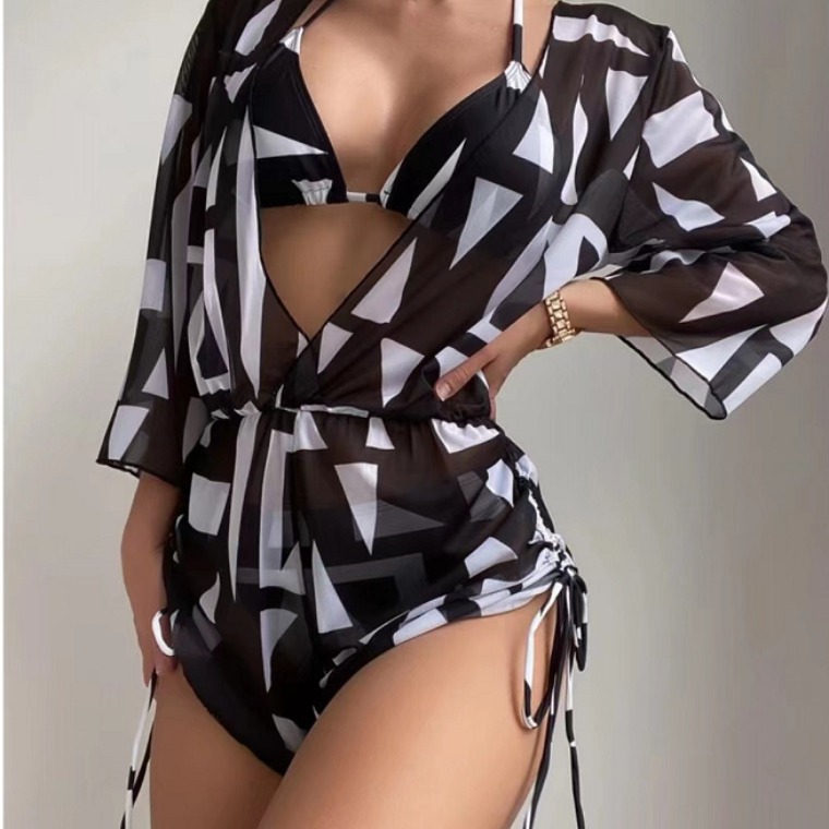 2023 New European and American Three-piece Bikini Leaves Printed Waist Lace-up Fashionable Long-sleeved Beach Anti-sunbathing Suit