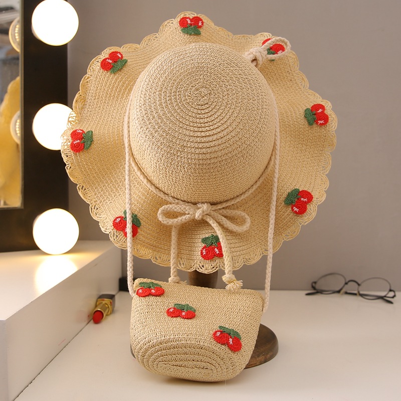 Children's Cherry Straw Hat Summer Sun Hat Seaside Vacation Sun Hat Sunscreen Girl Kids Set Hat