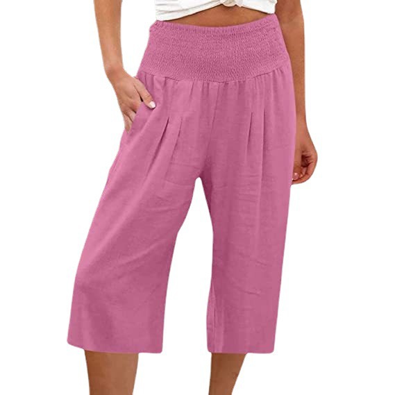 Summer 2024 Amazon European and American Women's Cross-border Cotton and Linen Seven-point Waist Bag Pocket Thin Wide-leg Pants for Women