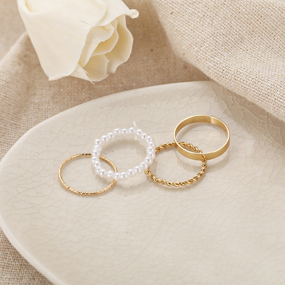 Ring Four-piece Set Combination Personalized ins Cool Style Simple Pearl Ring_voghion.com