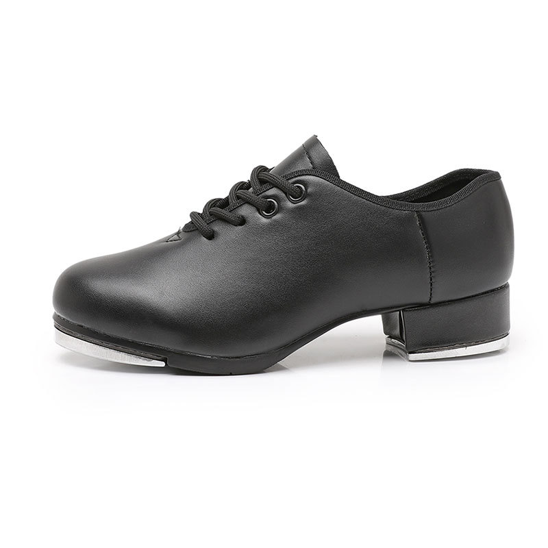 Foreign trade wholesale boys and girls beginners straight bottom tap dance shoes women's black imitation leather soft bottom dance shoes