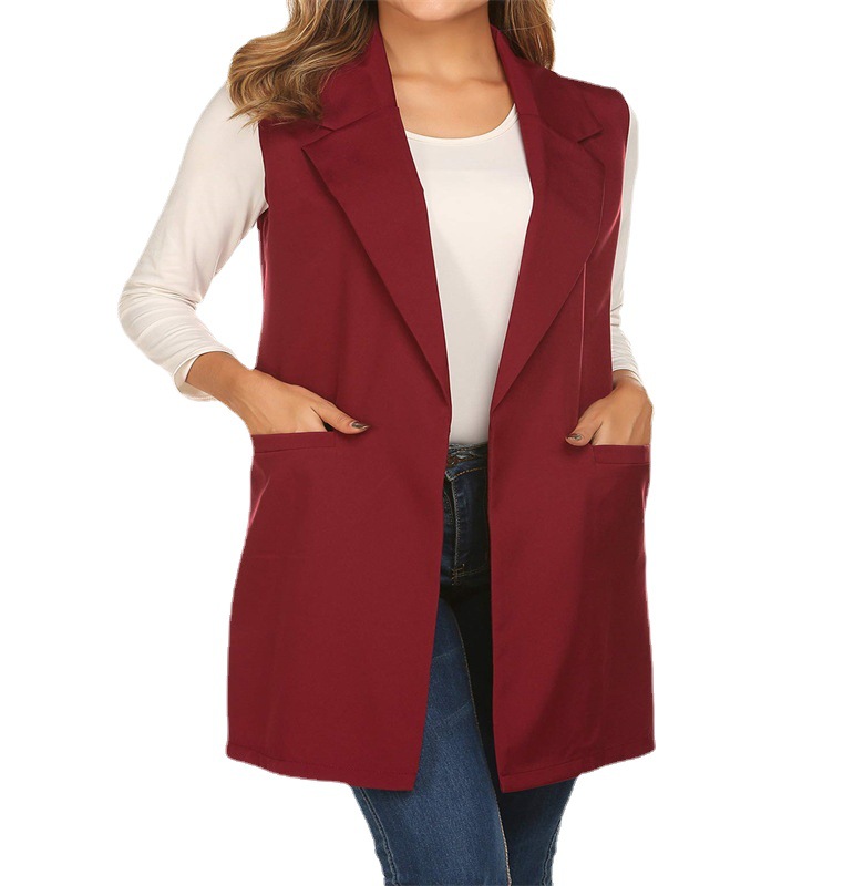  European and American cross-border summer temperament new women's solid color versatile lapel unbuttoned cardigan long suit vest