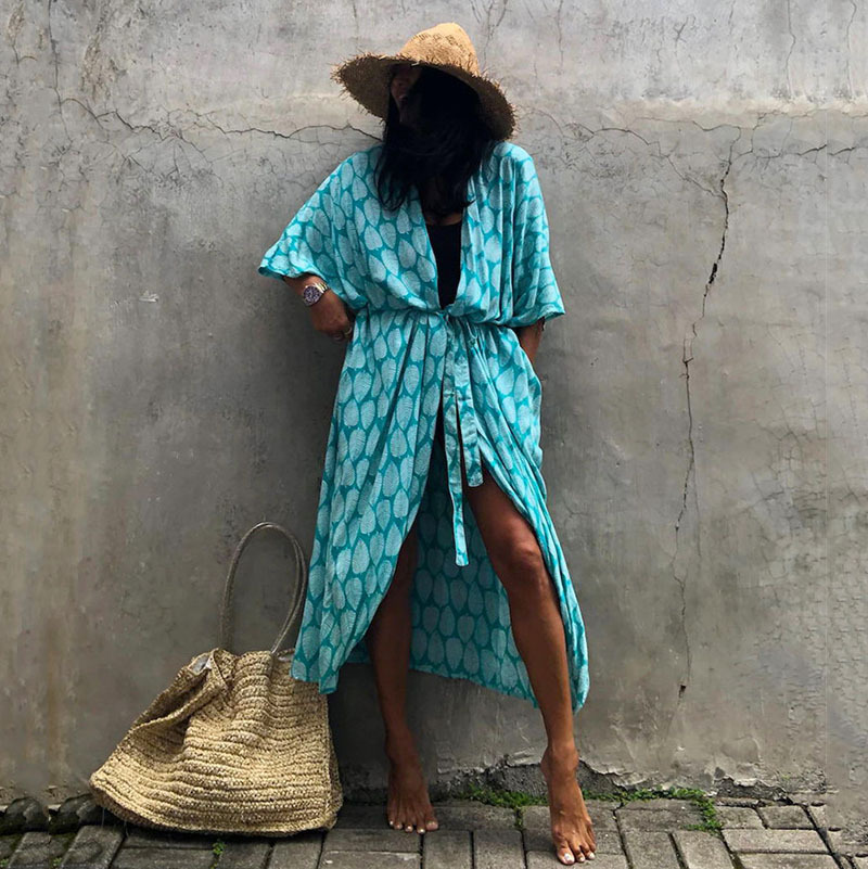 Cross-border explosions European and American rayon leaf printed beach blouse sexy cardigan holiday shawl bikini outer blouse