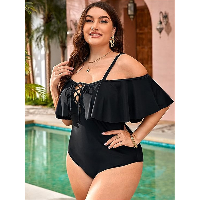 Europe, America and Canada plus size Russia conjoined tether ruffled classic black swimsuit Amazon cross-border women's swimsuit