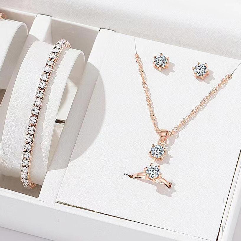 New European and American Simple Round Zircon Pendant Earrings Bracelet Set 4-piece Internet Celebrity All-match Zircon Necklace for Women