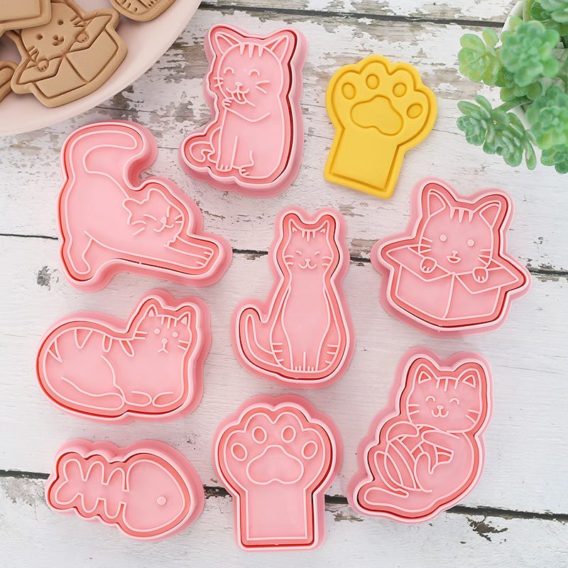 8 ピース猫クッキーカッターセット漫画子猫足プラスチック圧力ビスケット型 3d 立体フリップシュガーベーキングツール|undefined