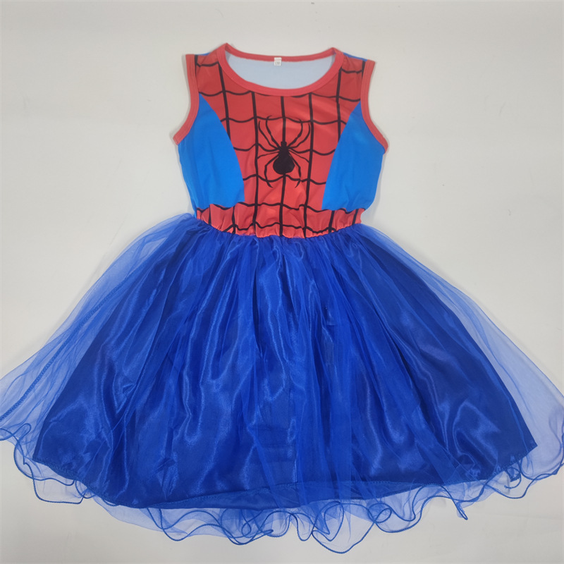 Summer Pink Spiderman Girls Dress + Mask Children Sleeveless Veil Mesh Spider Skirt Princess Dress