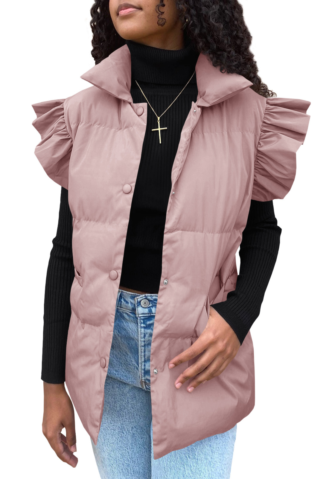 Grenzüberschreitende europäische und amerikanische Herbst- und Winterneuheiten mit lockerer Tasche und Baumwollpolsterung, fliegende Ärmel, elegante Weste, Stehkragen, Mode, Einreiher_voghion.com