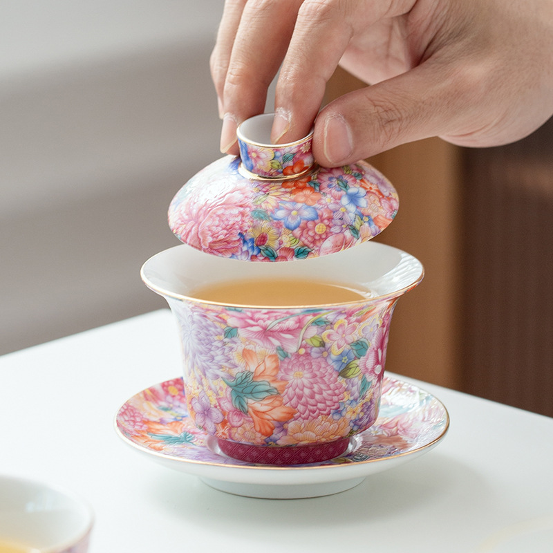 Enamel color Kung Fu Tea Set Cover bowl ceramic commercial women's tea making three-piece Cover bowl Holiday Gift Tea Bowl