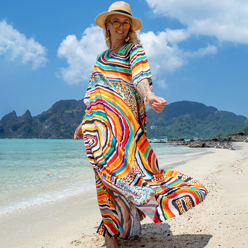 European and American New Style Cotton Printed Robe Seaside Vacation Sun-protective Shirt Beach Long Dress Bikini Swimsuit Blouse Outer Wear