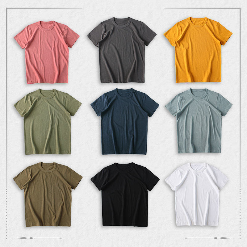 215g retro old loom Japanese slub cotton three needle rolling collar seamless tube weaving dark needle bottoming short sleeve T-shirt