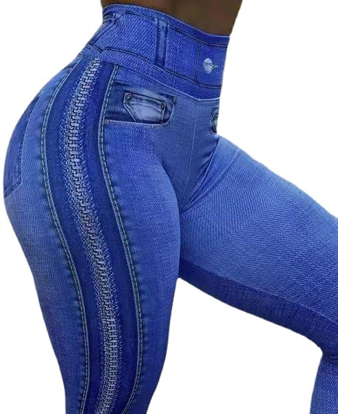 In Stock European and American AliExpress popular women's fashion zipper printing Denim sports leggings hip lifting plus size