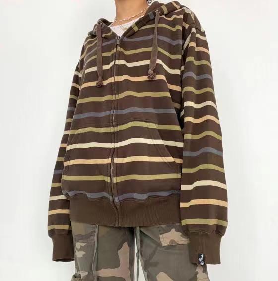 American retro wind color stripe stitching sweater female 2022 Autumn New zipper hooded loose casual jacket