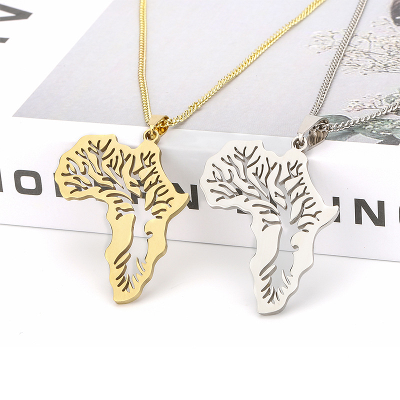 European and American Cross-border Explosions Africa Map Pendant Necklace Titanium Steel Hollow Life Tree Gold-plated Color-preserving All-match Clavicle Chain