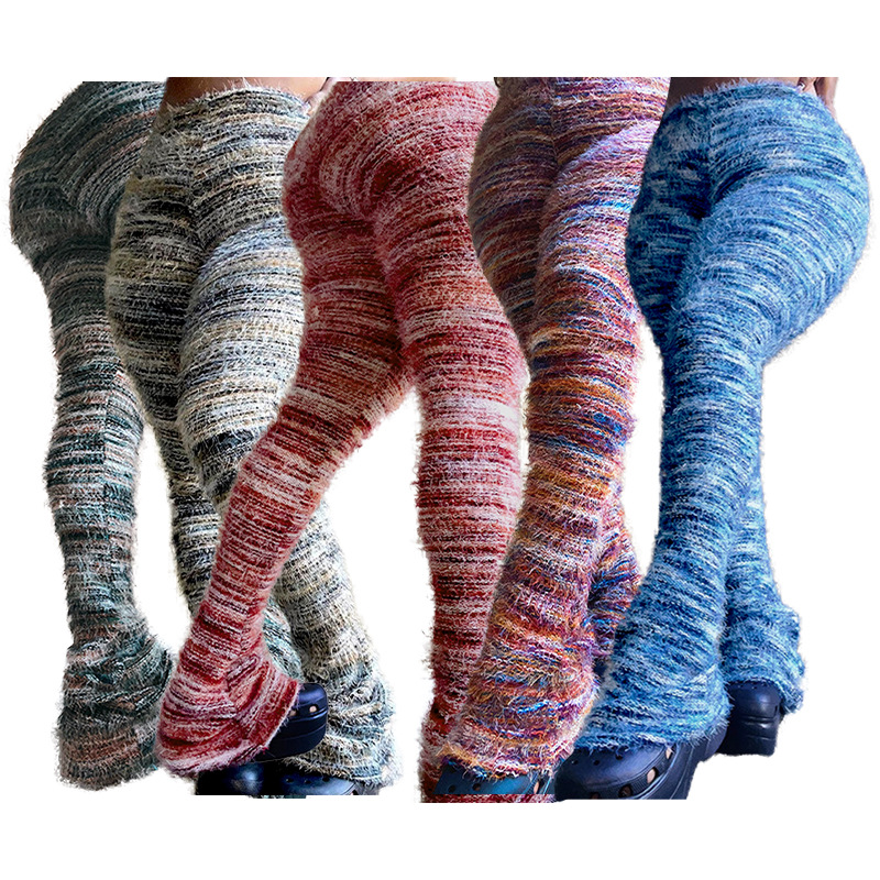 HR23113 European and American fashion women's colorful striped fluff personality woolen pants pile pants